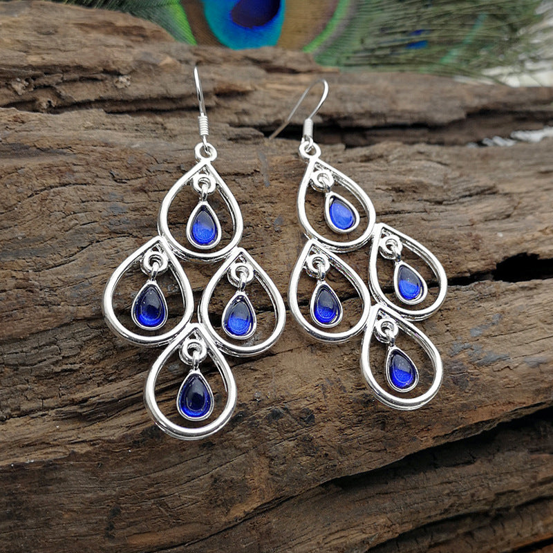 European And American Popular Creative Peacock Blue Moonstone Exaggerated Earrings