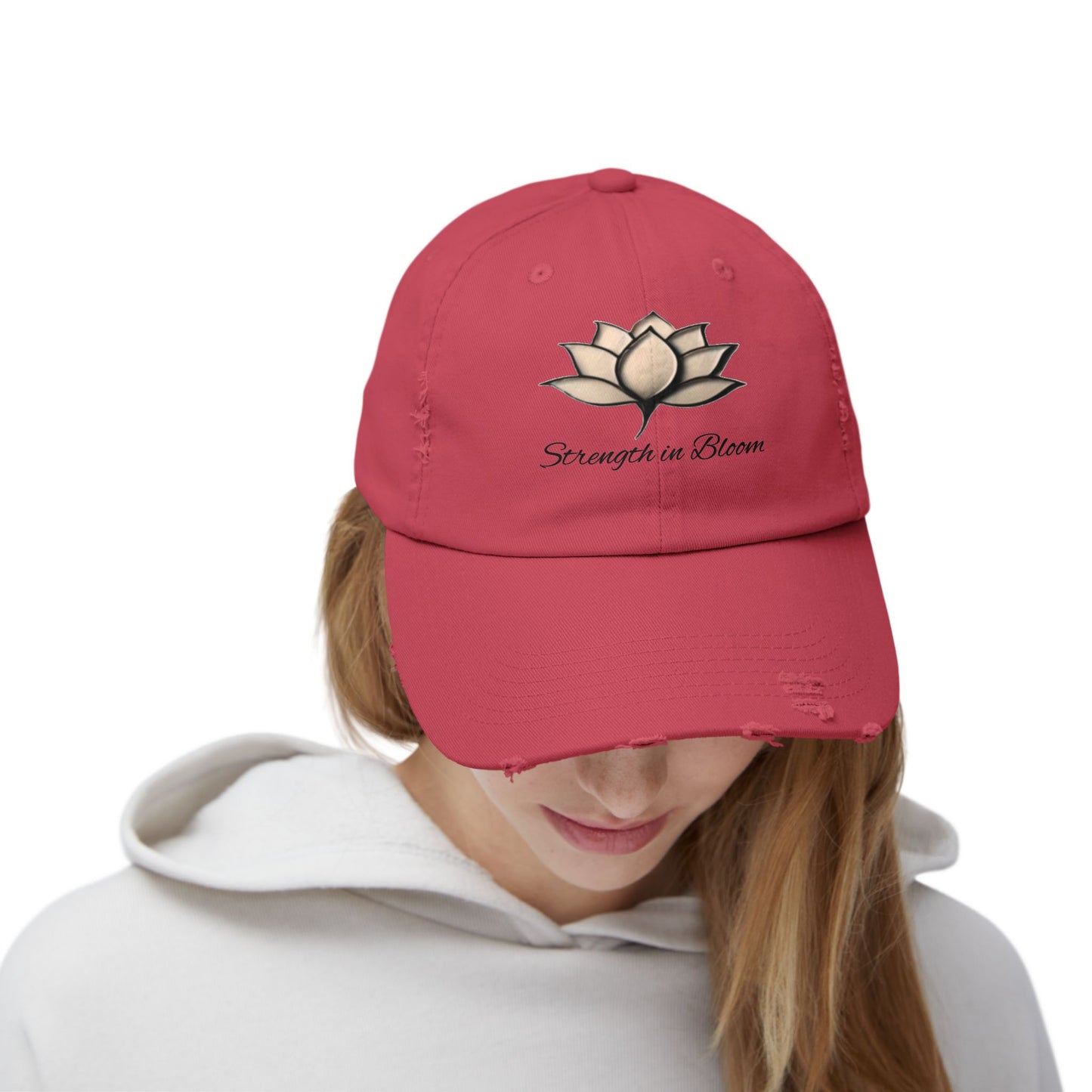 Unisex Distressed Cap - Strength in Bloom, Casual Hat, Inspirational Gift, Summer Accessory, Festival Headwear, Relaxed Style