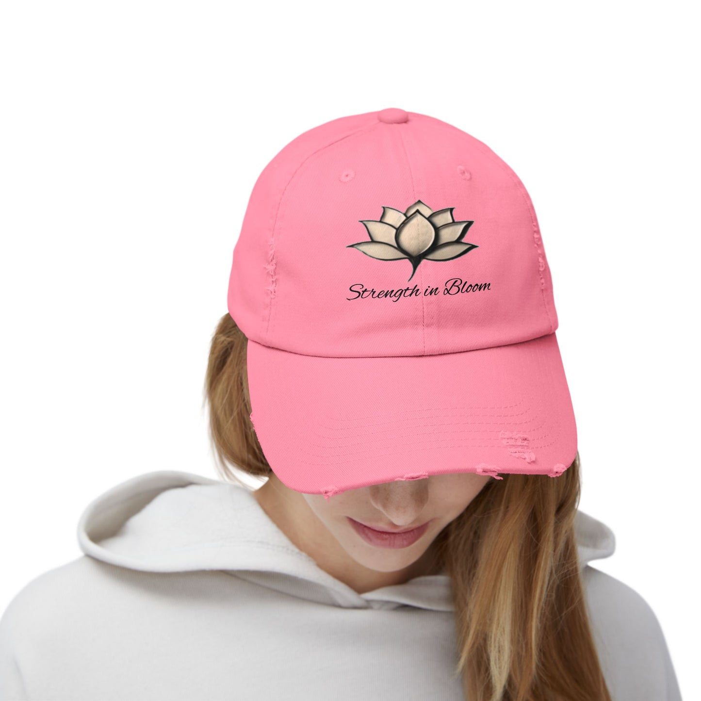 Unisex Distressed Cap - Strength in Bloom, Casual Hat, Inspirational Gift, Summer Accessory, Festival Headwear, Relaxed Style