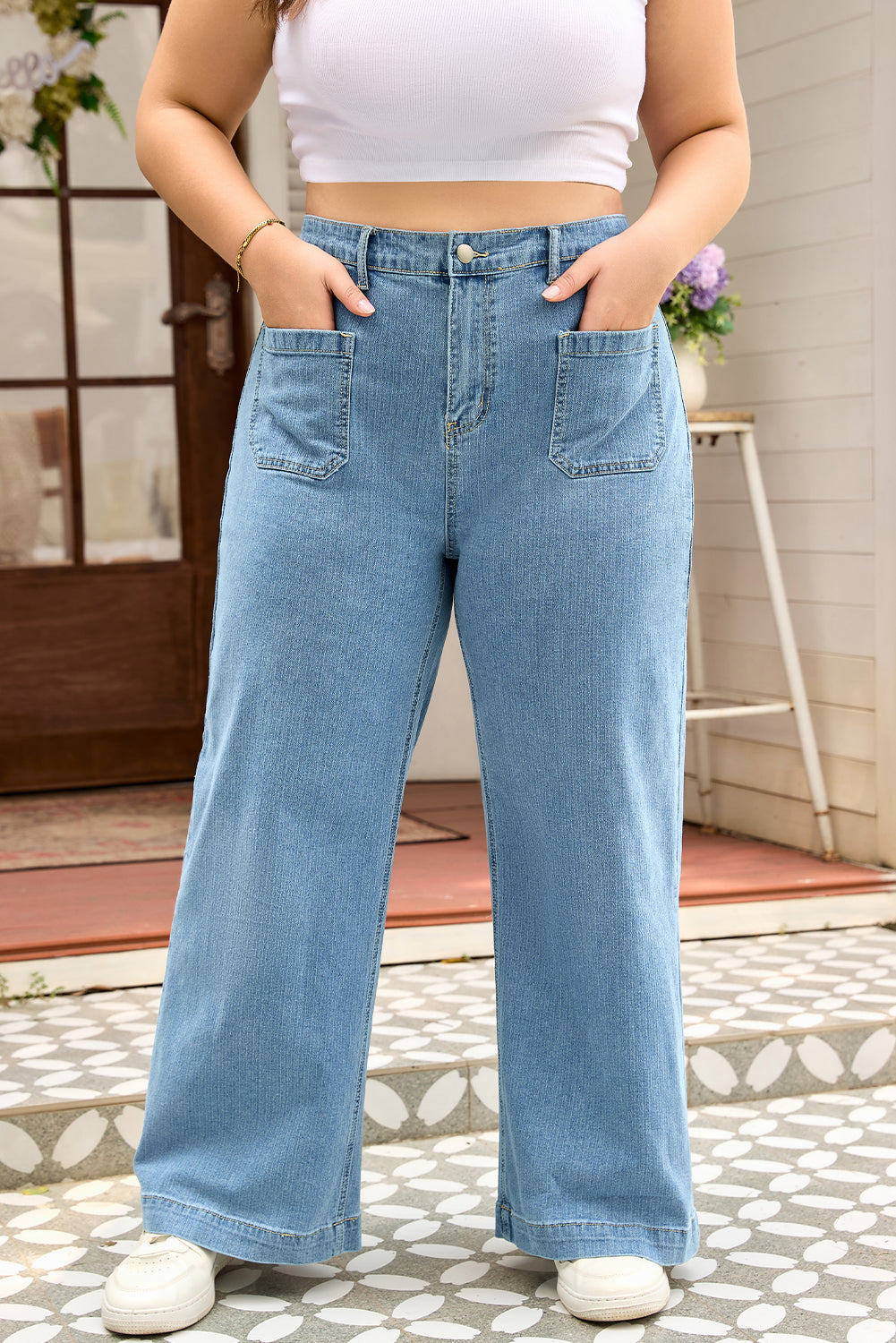 Dusk Blue Patched Pocket Textured Wide Leg Plus Size Jeans