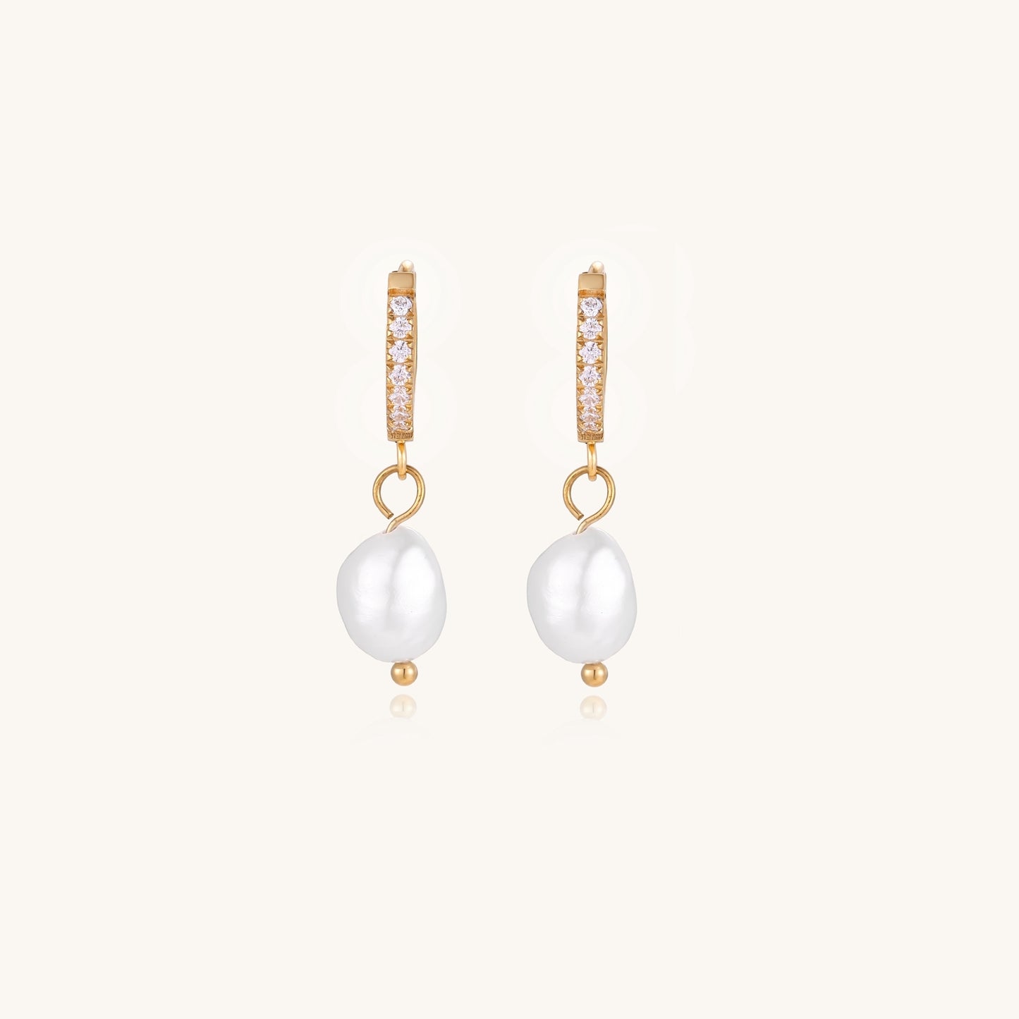 18K gold plated hoop earrings with freshwater pearl drops on neutral background, showing elegant minimalist design.