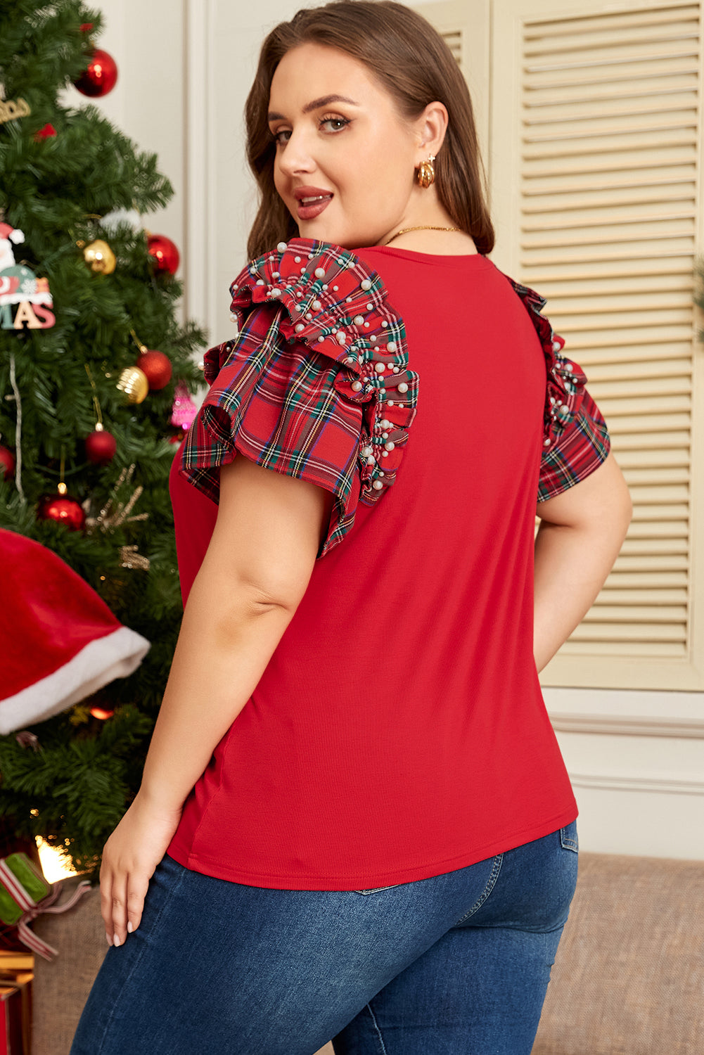 Racing Red Plaid Pearl Ruffled Short Sleeve Knitted Christmas Holiday Plus Size T-shirt