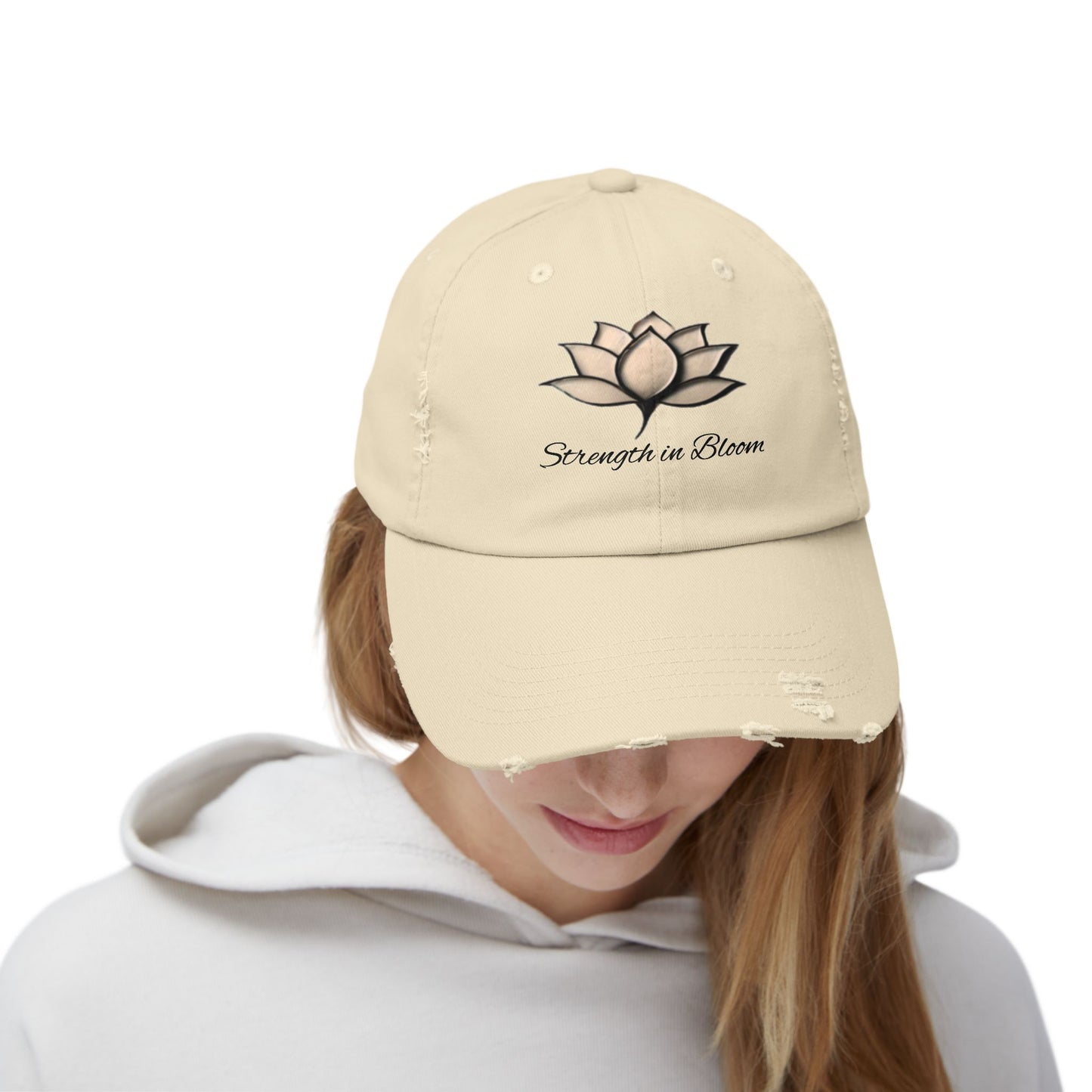 Unisex Distressed Cap - Strength in Bloom, Casual Hat, Inspirational Gift, Summer Accessory, Festival Headwear, Relaxed Style