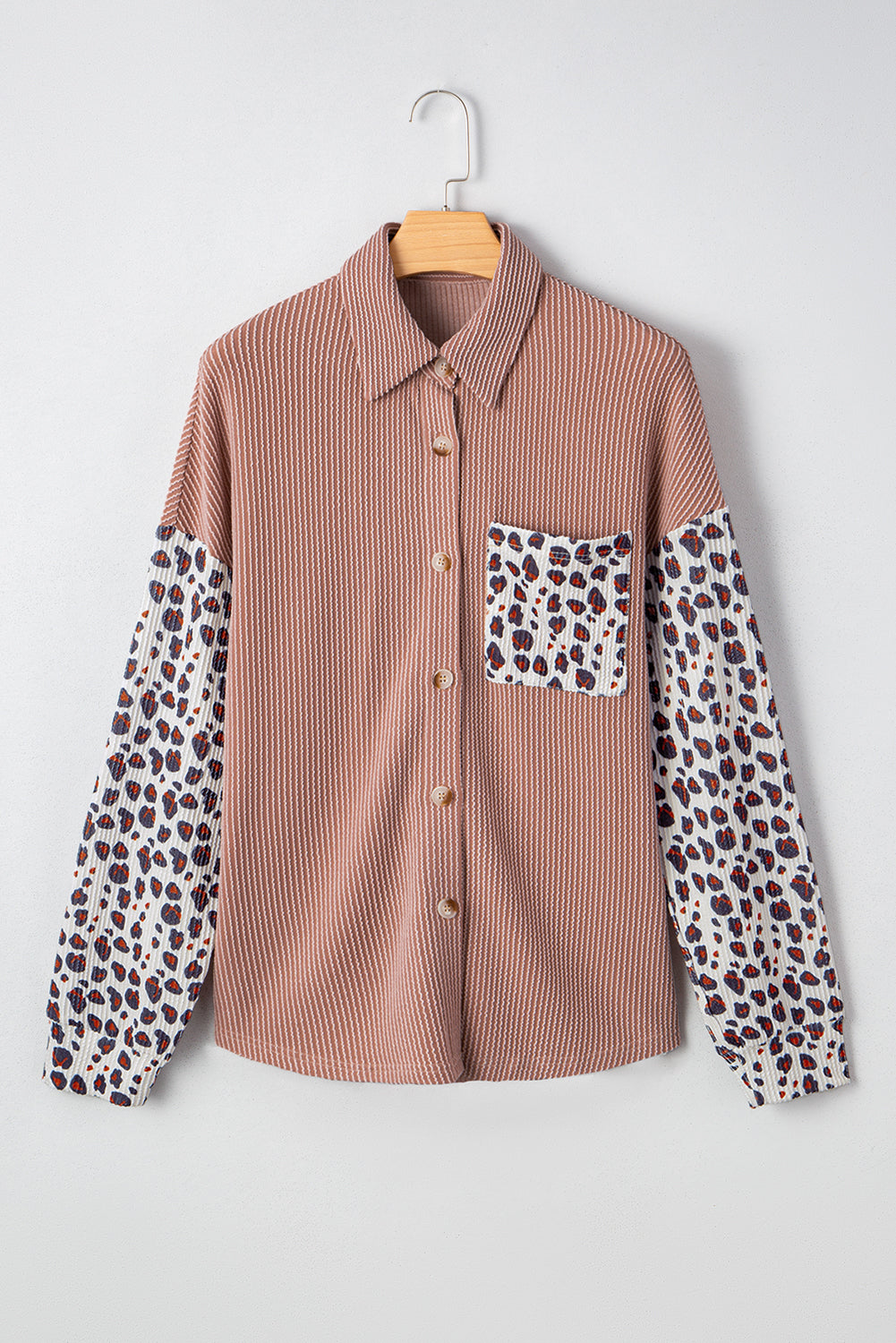 Rose Red Leopard Patched Twisted Ribbed Western Casual Shacket
