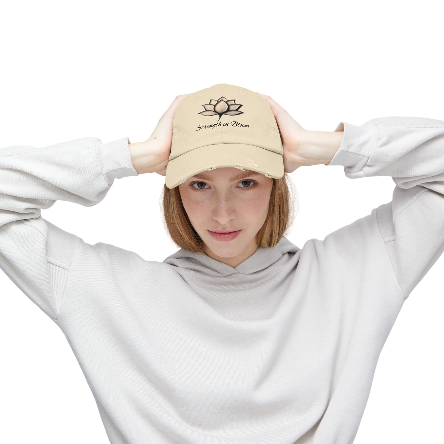 Unisex Distressed Cap - Strength in Bloom, Casual Hat, Inspirational Gift, Summer Accessory, Festival Headwear, Relaxed Style