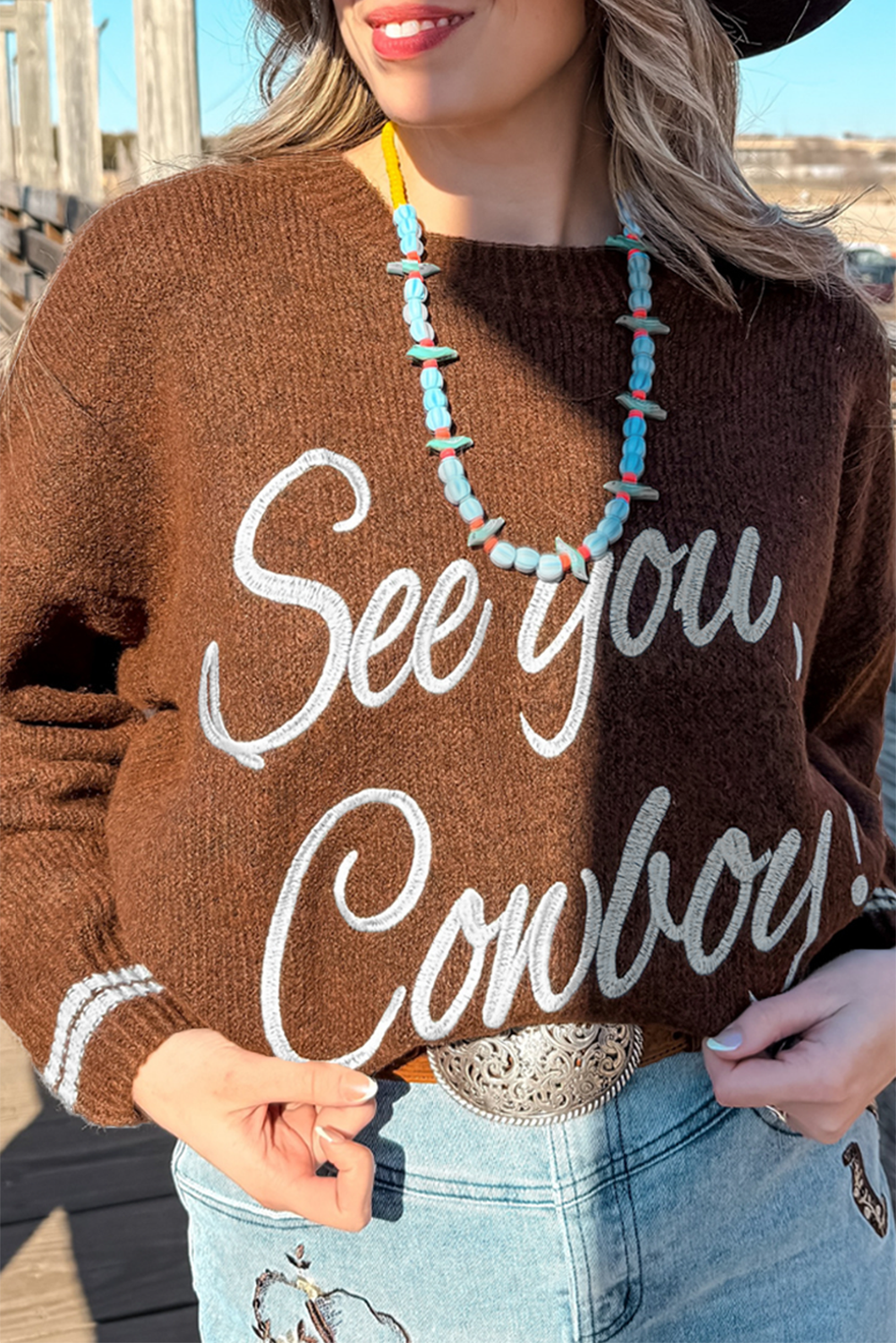 Peach Blossom See You Cowboy Embroidered Western Graphic Sweater