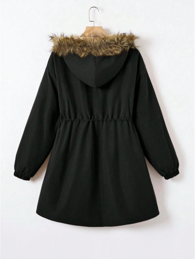 EZwear Drawstring Waist Fuzzy Trim Hooded Thermal Lined Drawstring Waist Coat