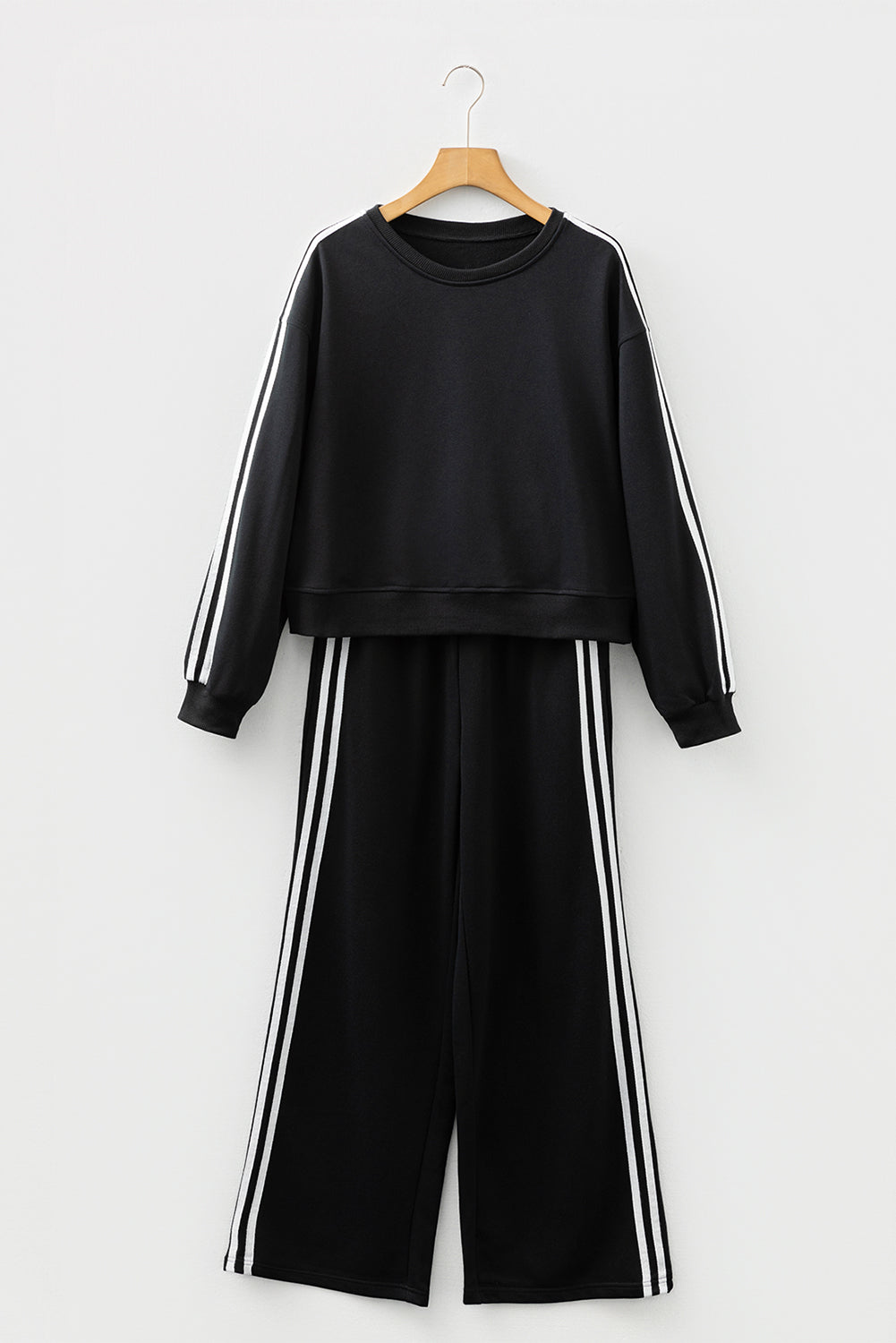 Gray Morn Varsity Striped Detail Crewneck Pullover Elastic Sweatpants 2pcs Outfit