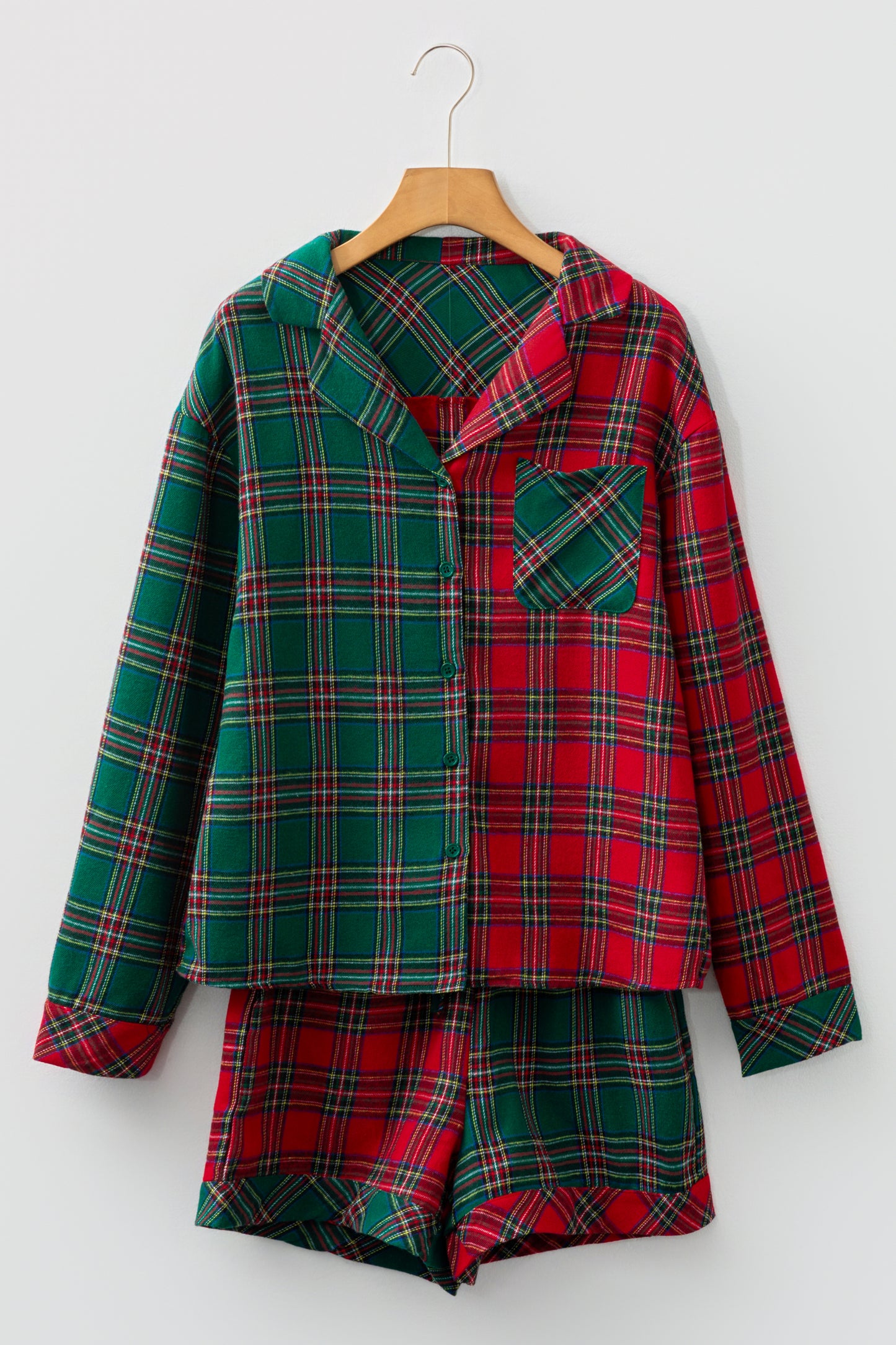 Green Plaid Contrast Patched Christmas Holiday Long Sleeve Shirt and Short 2pcs Pajama Set