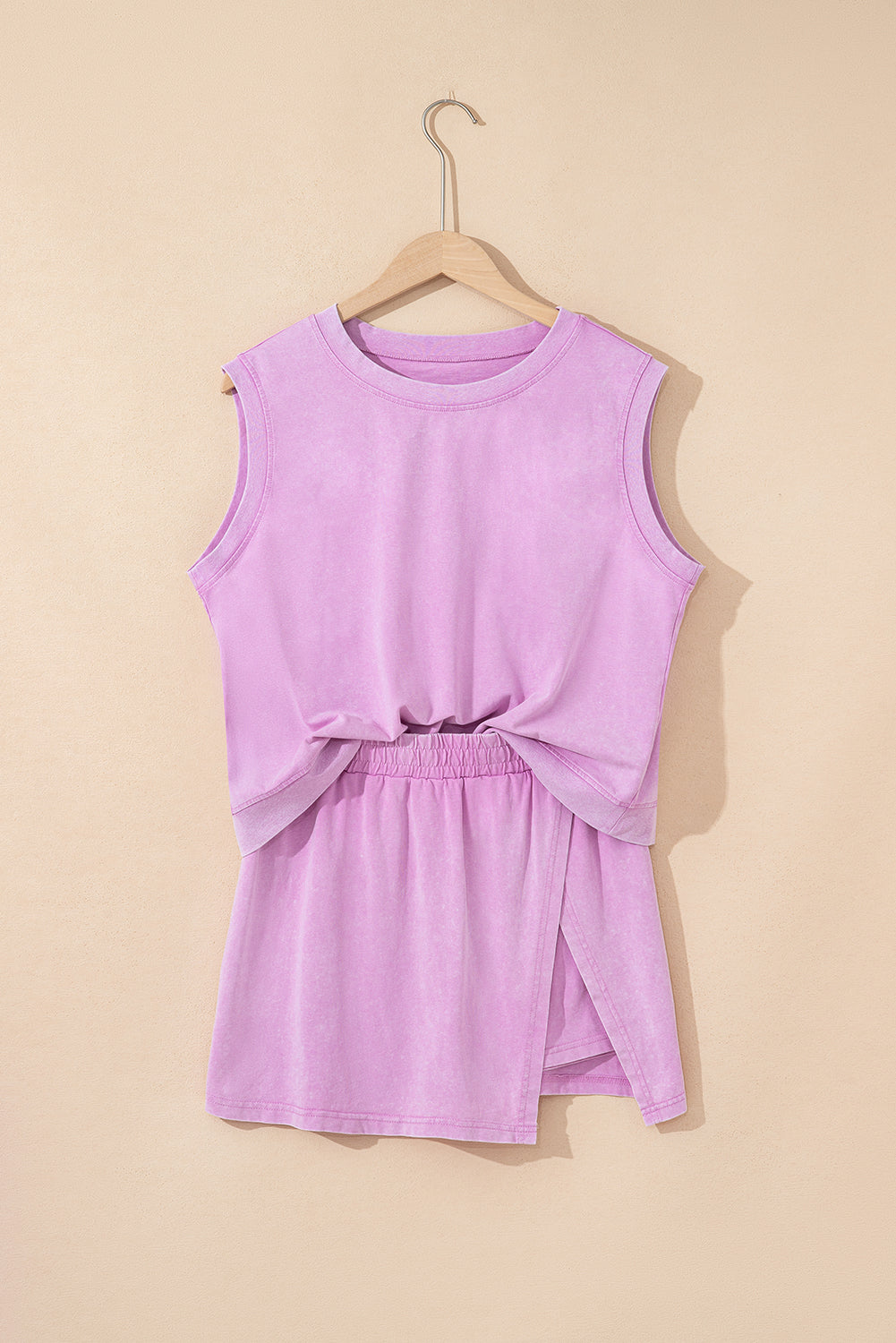 Light Pink 2 Pieces Mineral Wash Cotton Tank Top Lined Split Skirt Set