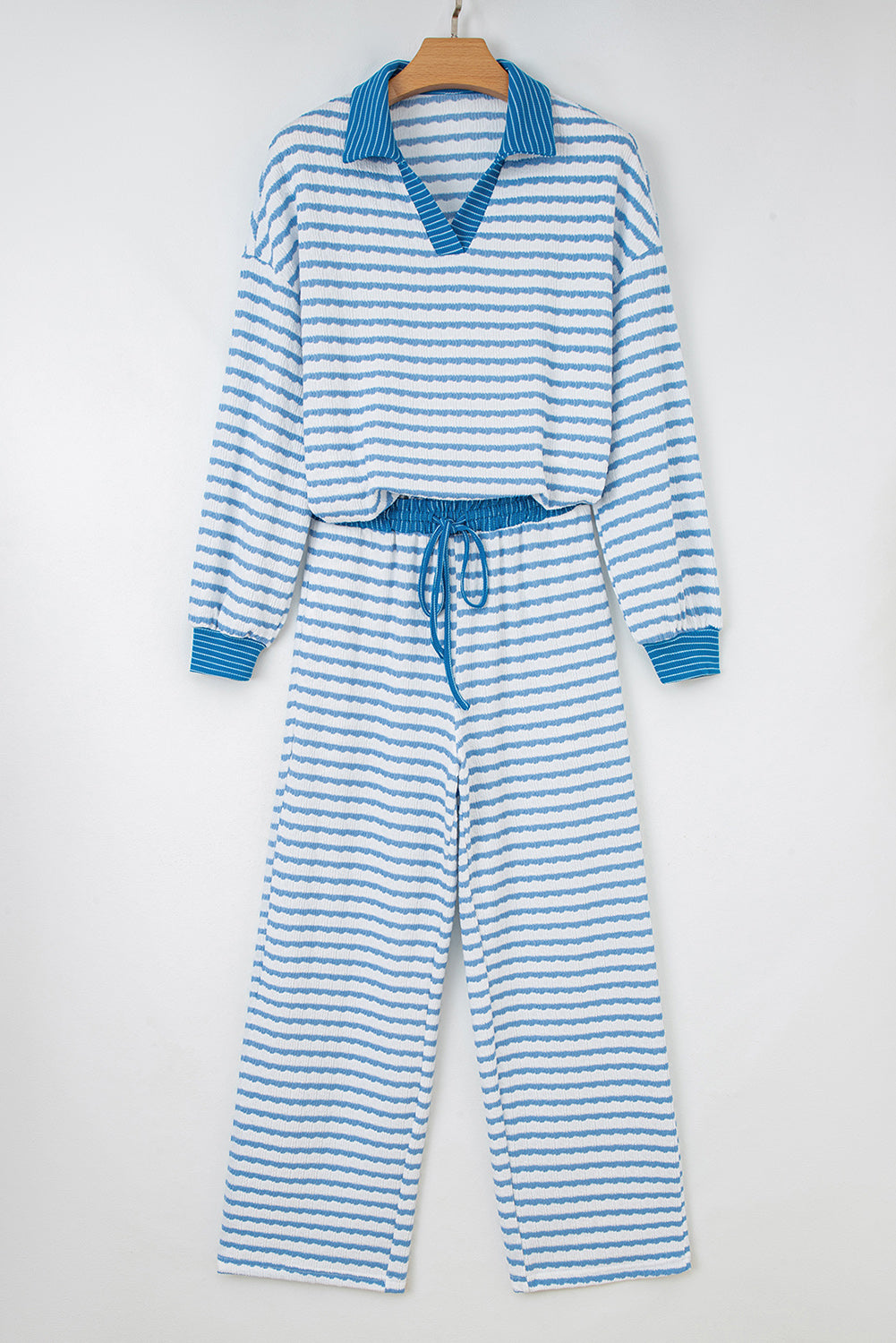 White Stripe Collared Pullover Top and Drawstring Pant Set