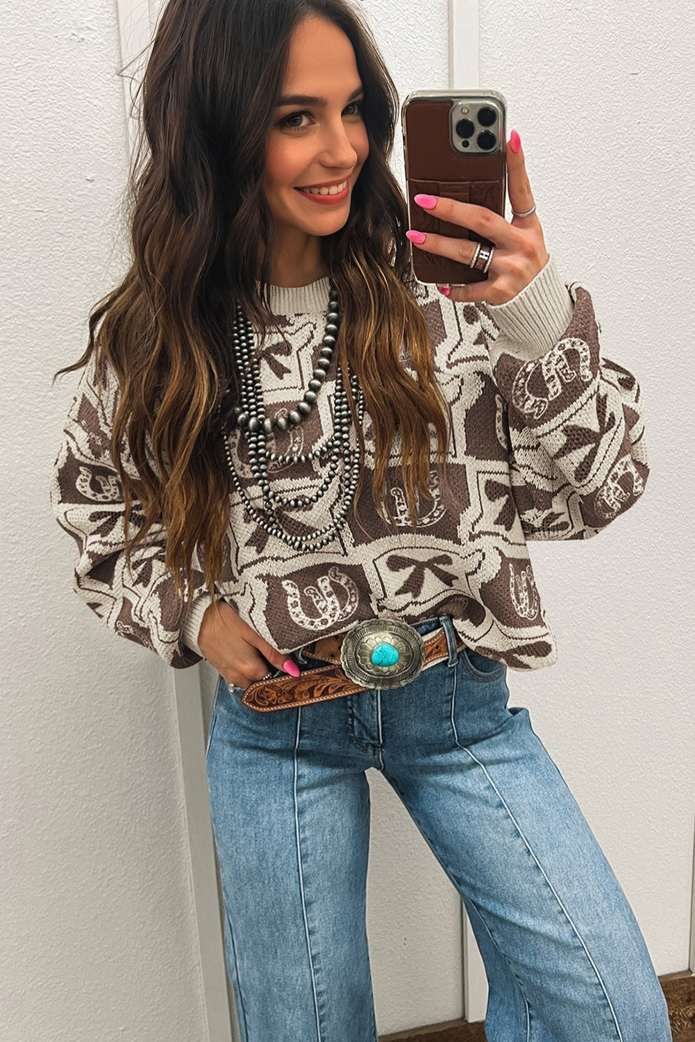 Pink Bows & Horseshoes Pattern Western Fashion Print Sweater
