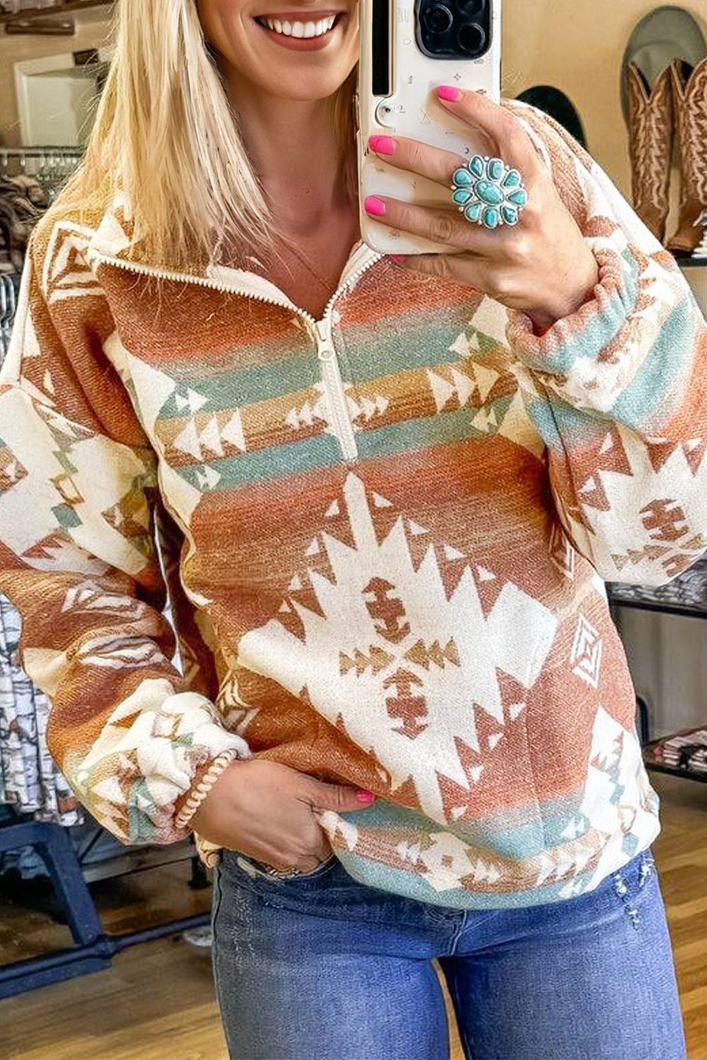 Green Quarter Zip Elastic Cuffs Aztec Sweatshirt