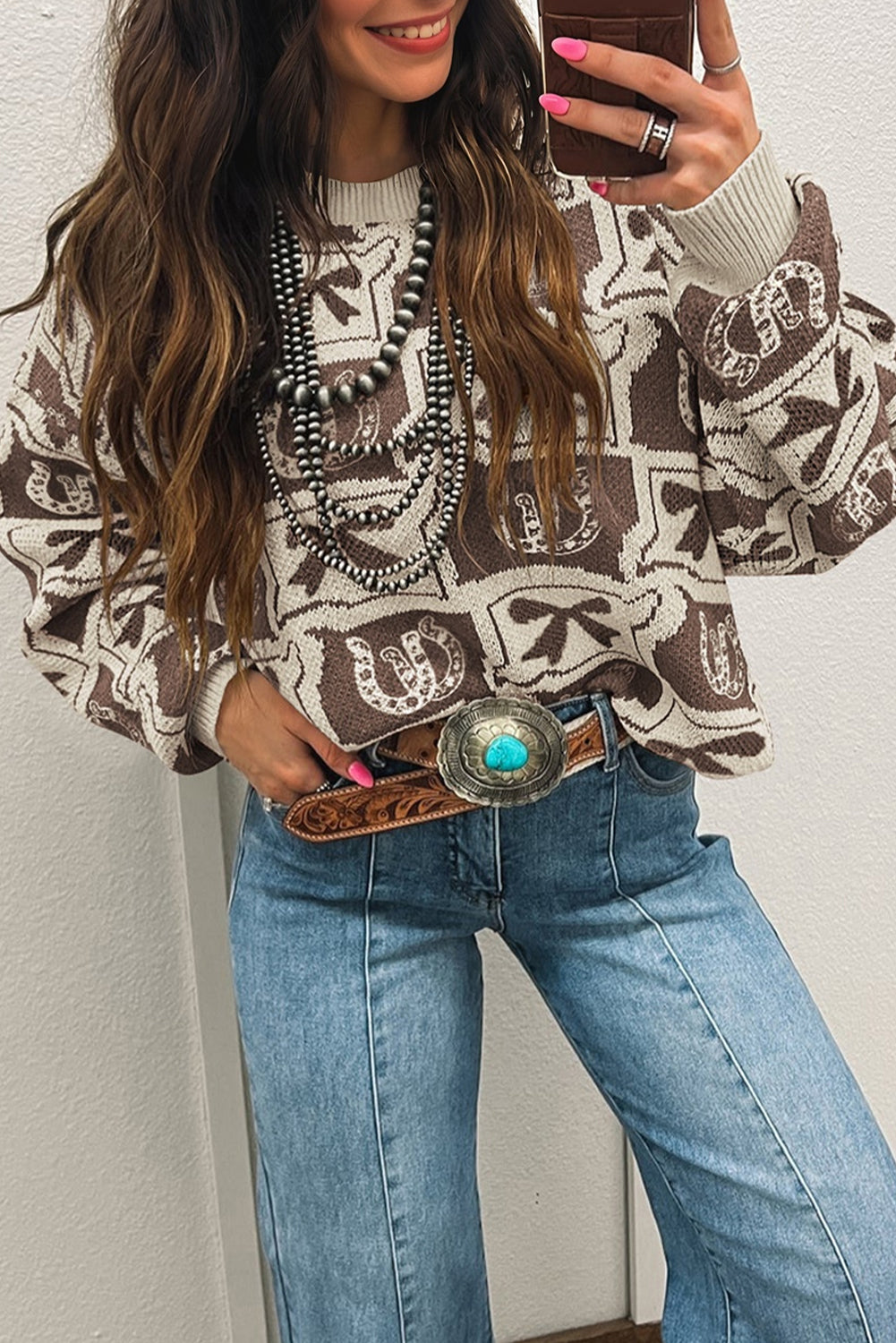 Pink Bows & Horseshoes Pattern Western Fashion Print Sweater