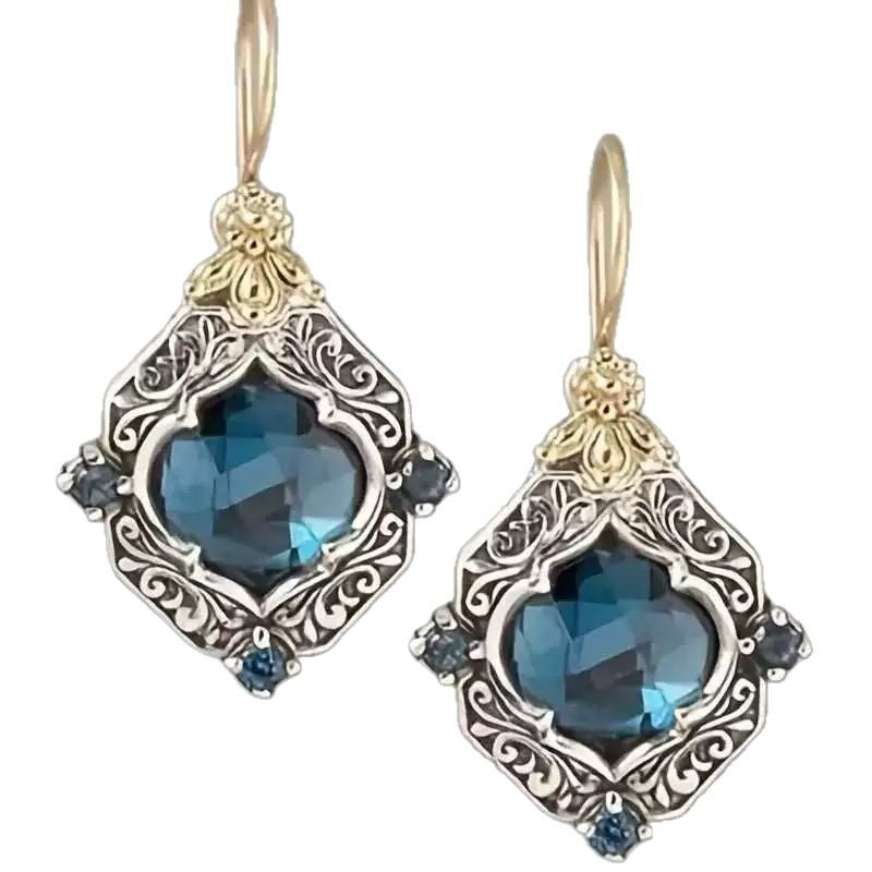Vintage Sapphire Carved Earrings Women's Light Luxury Court Style