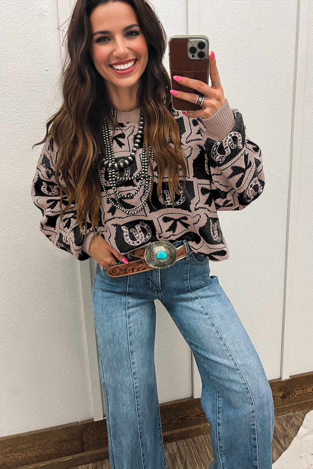 Pink Bows & Horseshoes Pattern Western Fashion Print Sweater