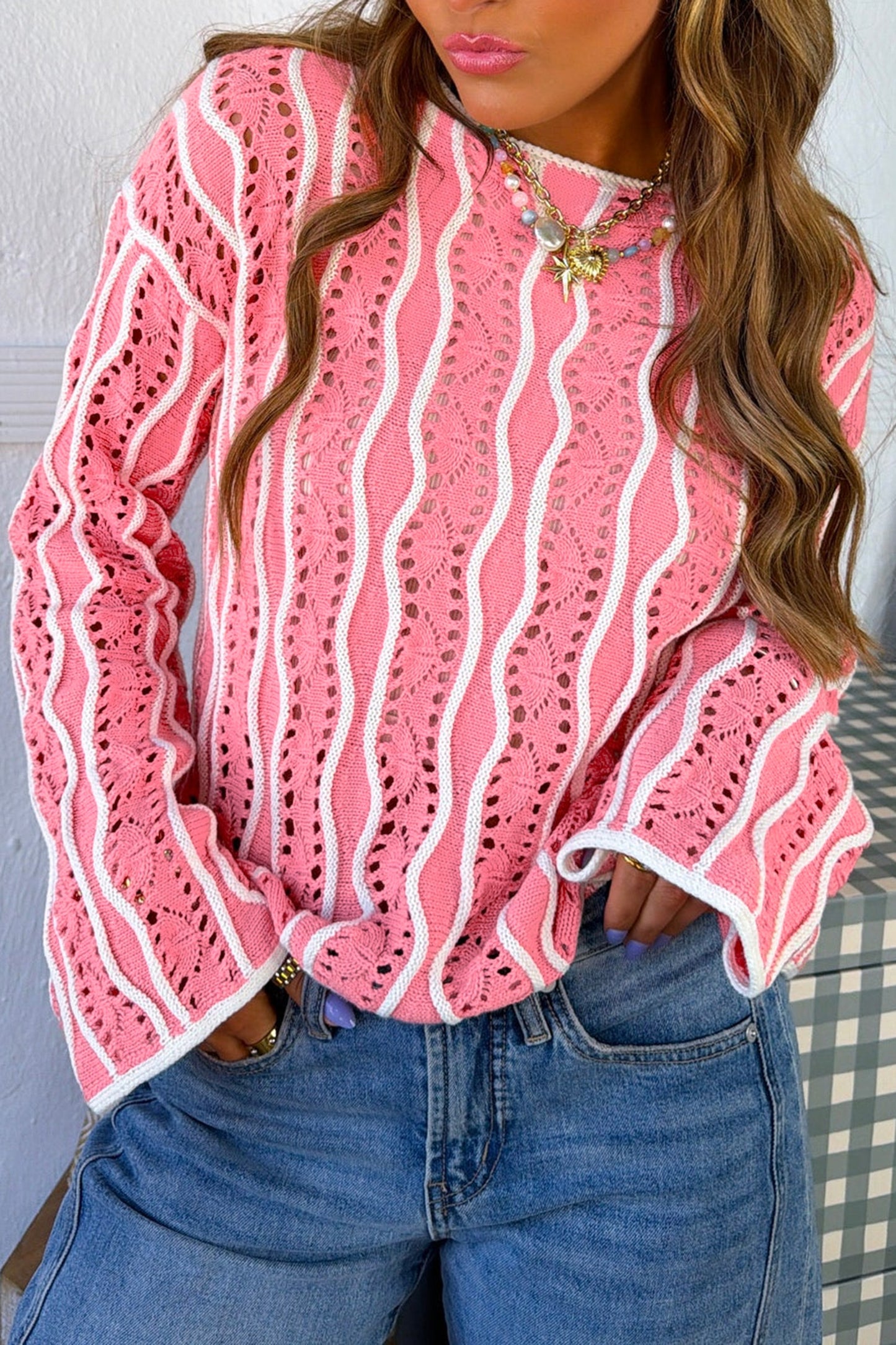 Khaki Wavy Detail Hollow Out Knit Long Sleeve Cotton Pullover Sweater