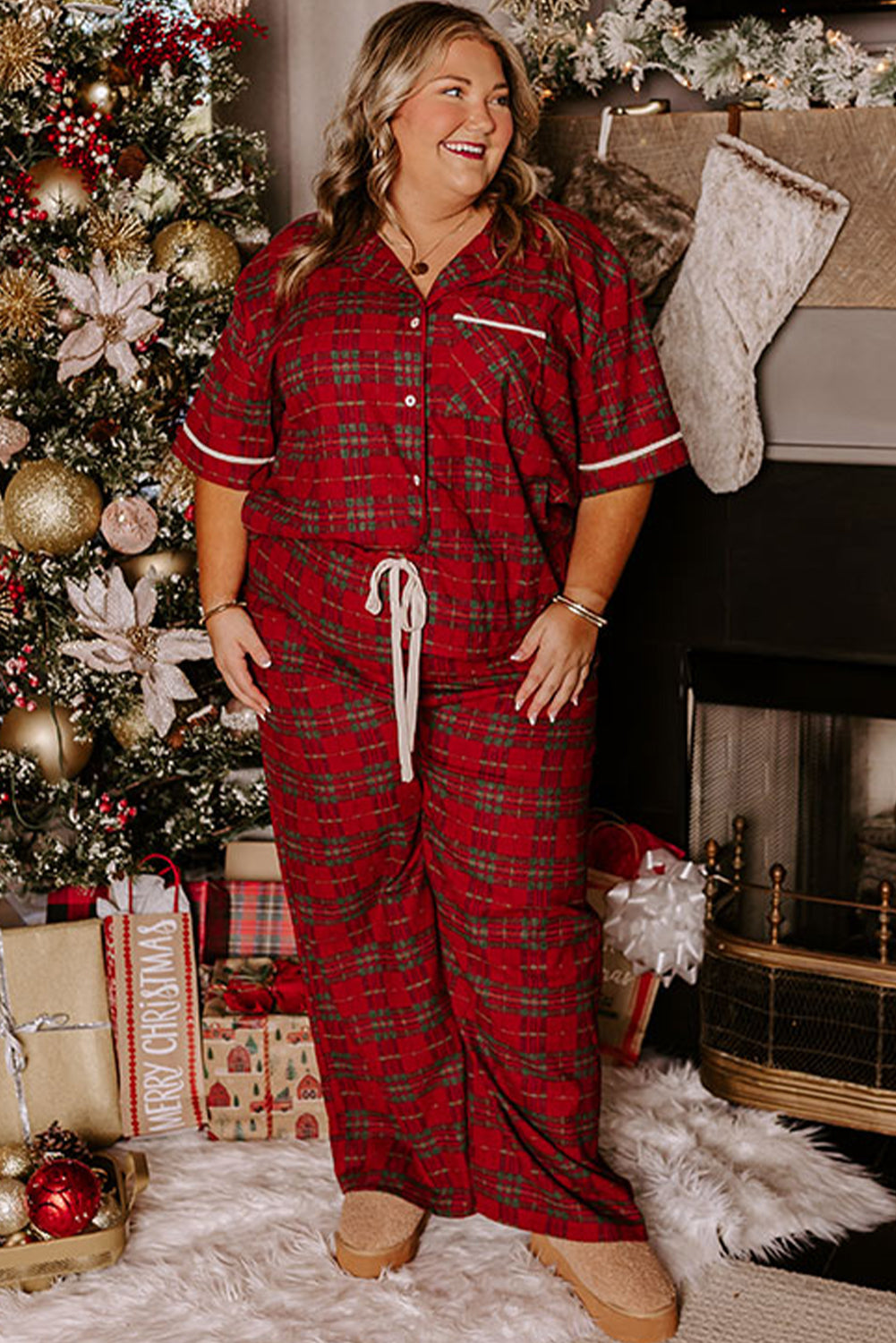Red Plus Size Plaid Short Sleeve Shirt Loose Pants 2pcs Pajama Set