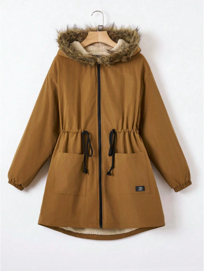 EZwear Drawstring Waist Fuzzy Trim Hooded Thermal Lined Drawstring Waist Coat