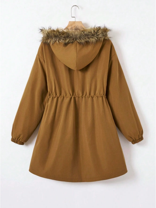 EZwear Drawstring Waist Fuzzy Trim Hooded Thermal Lined Drawstring Waist Coat