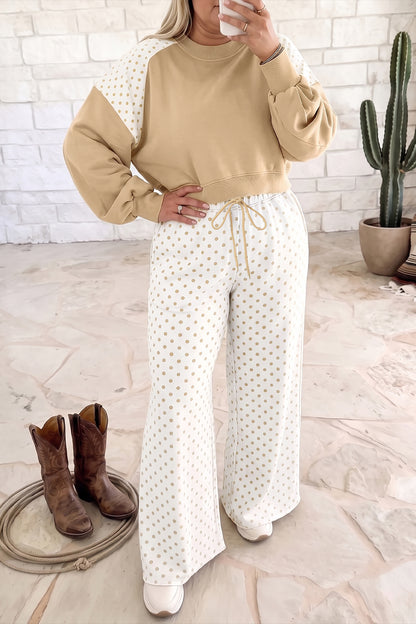 Khaki Plus Size Color Block Contrast Polka Dot Long Sleeve Top Drawstring Pants Set