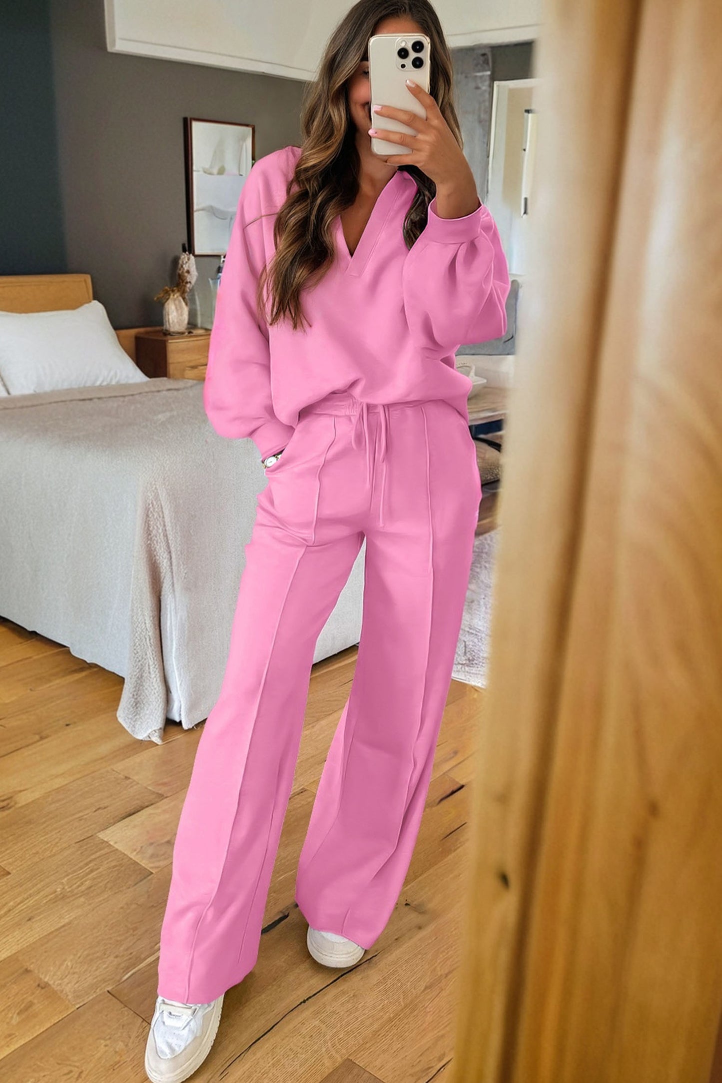 Dark Khaki Polo Collar V Neck Pullover and Drawstring Sweatpants Set