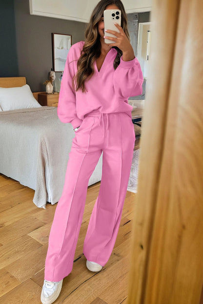 Dark Khaki Polo Collar V Neck Pullover and Drawstring Sweatpants Set