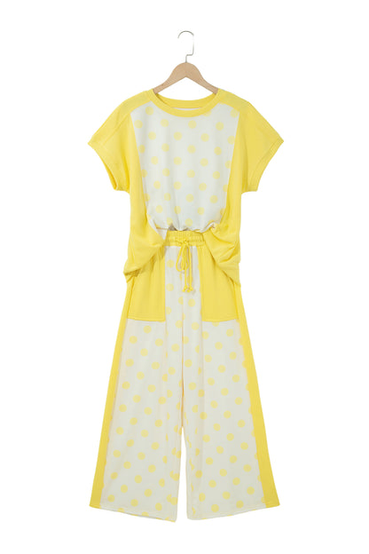Sky Blue Color Block Patchwork Polka Dot Wide Leg Pant Set