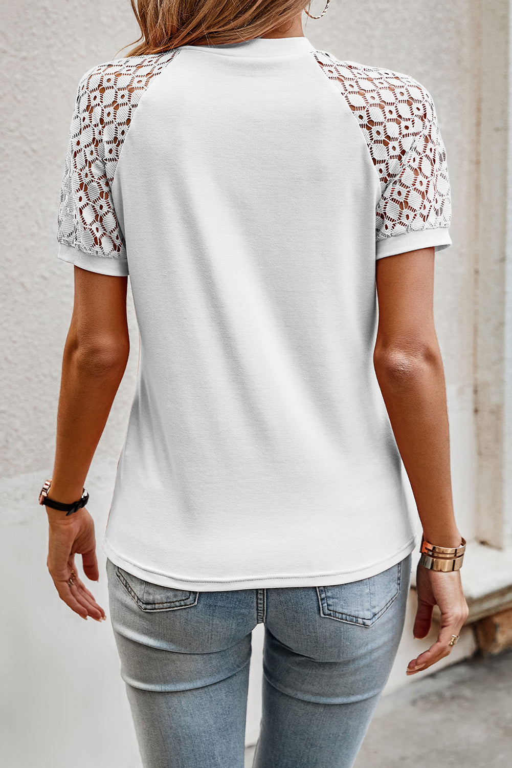 Navy Blue Seamed Detail Contrast Lace Raglan Sleeve Tee