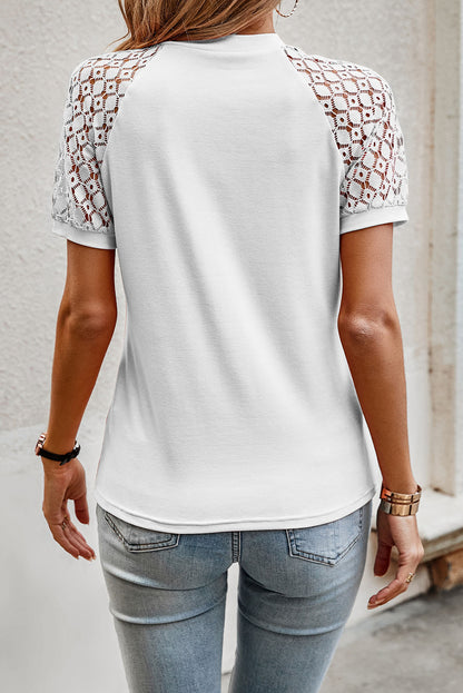 Navy Blue Seamed Detail Contrast Lace Raglan Sleeve Tee