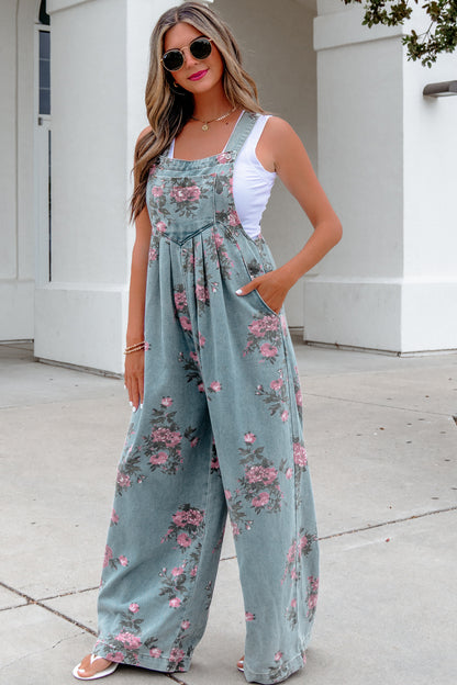 Blue Beau Floral Print Pleated High Waist Wide Leg Denim Jumpsuit