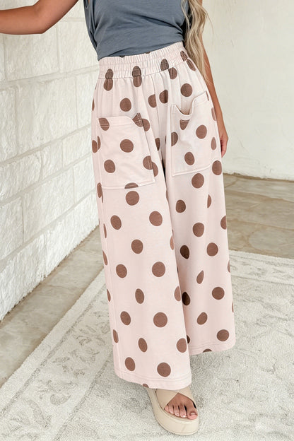 Beige Polka Dot Wide Leg Elastic Waist Casual Pants