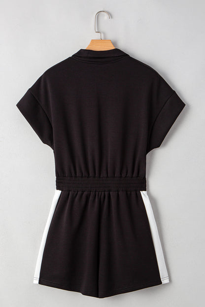 Black Contrast Collar Patchwork Zip Front Romper