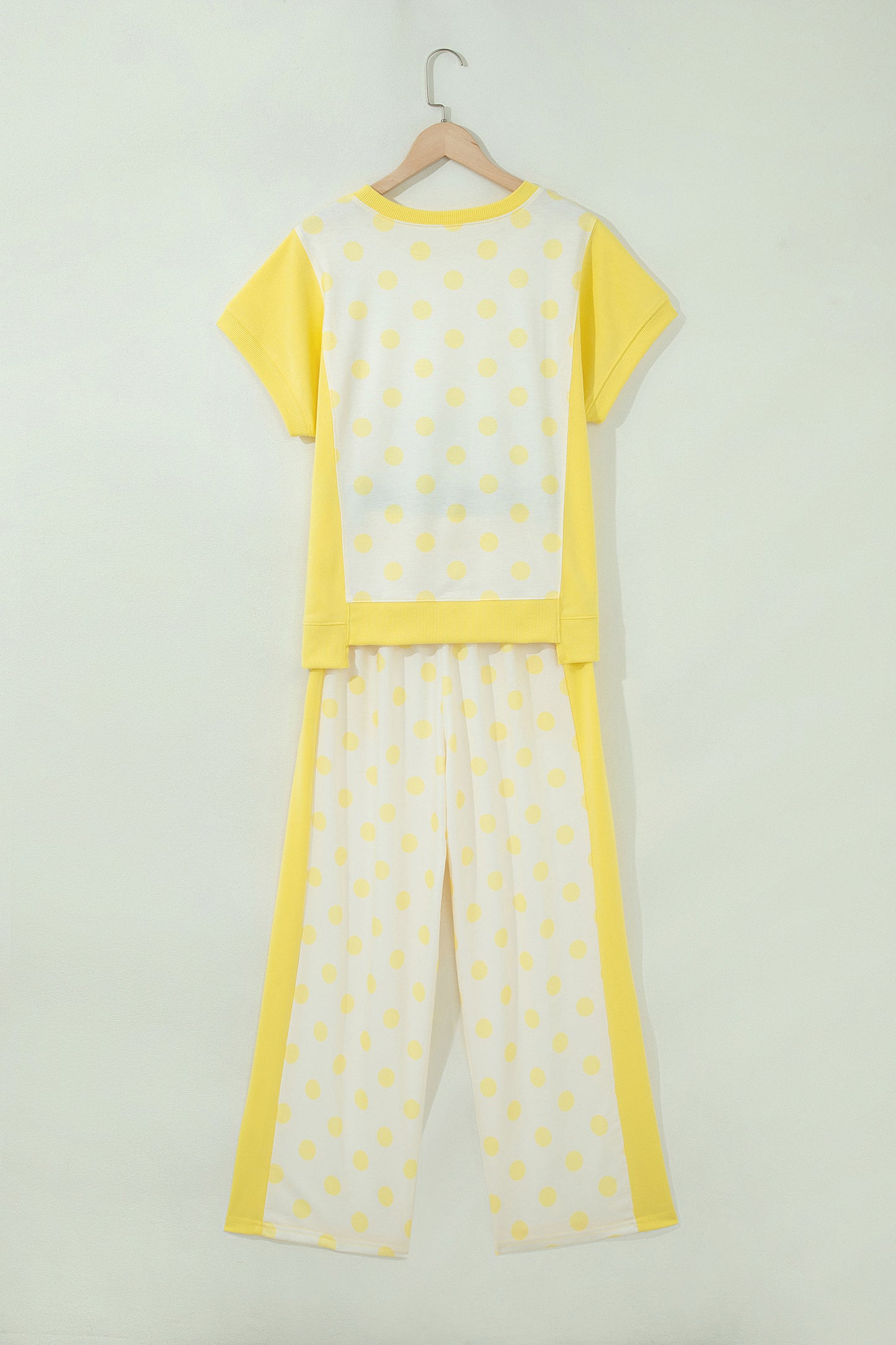 Sky Blue Color Block Patchwork Polka Dot Wide Leg Pant Set