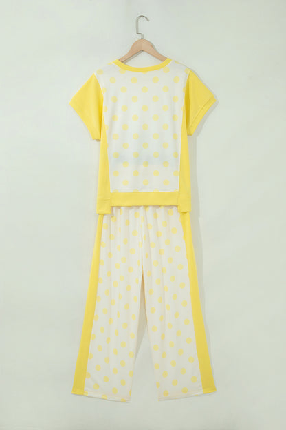 Sky Blue Color Block Patchwork Polka Dot Wide Leg Pant Set
