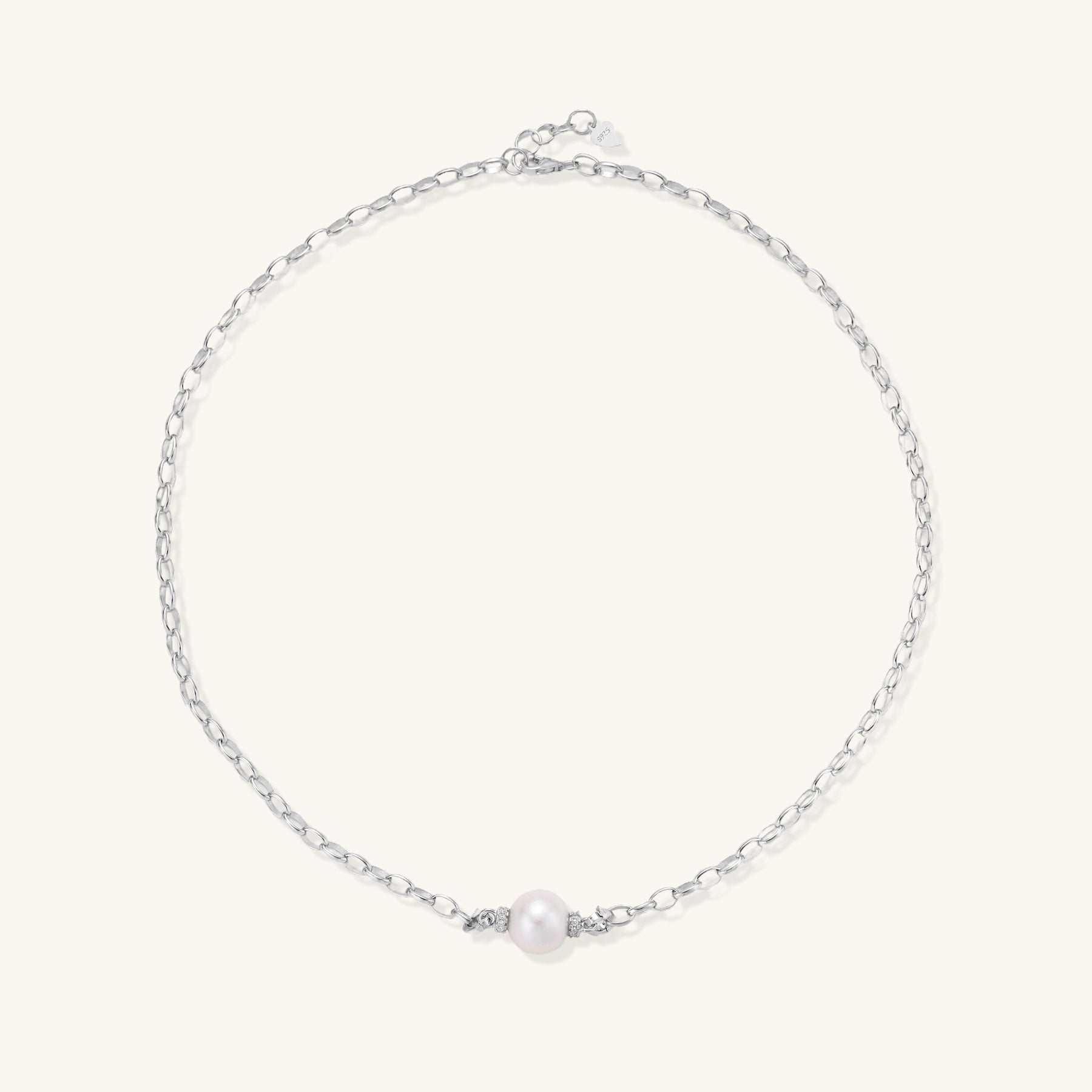 Sterling silver chain necklace with single white freshwater pearl centerpiece on neutral background, 445mm length.