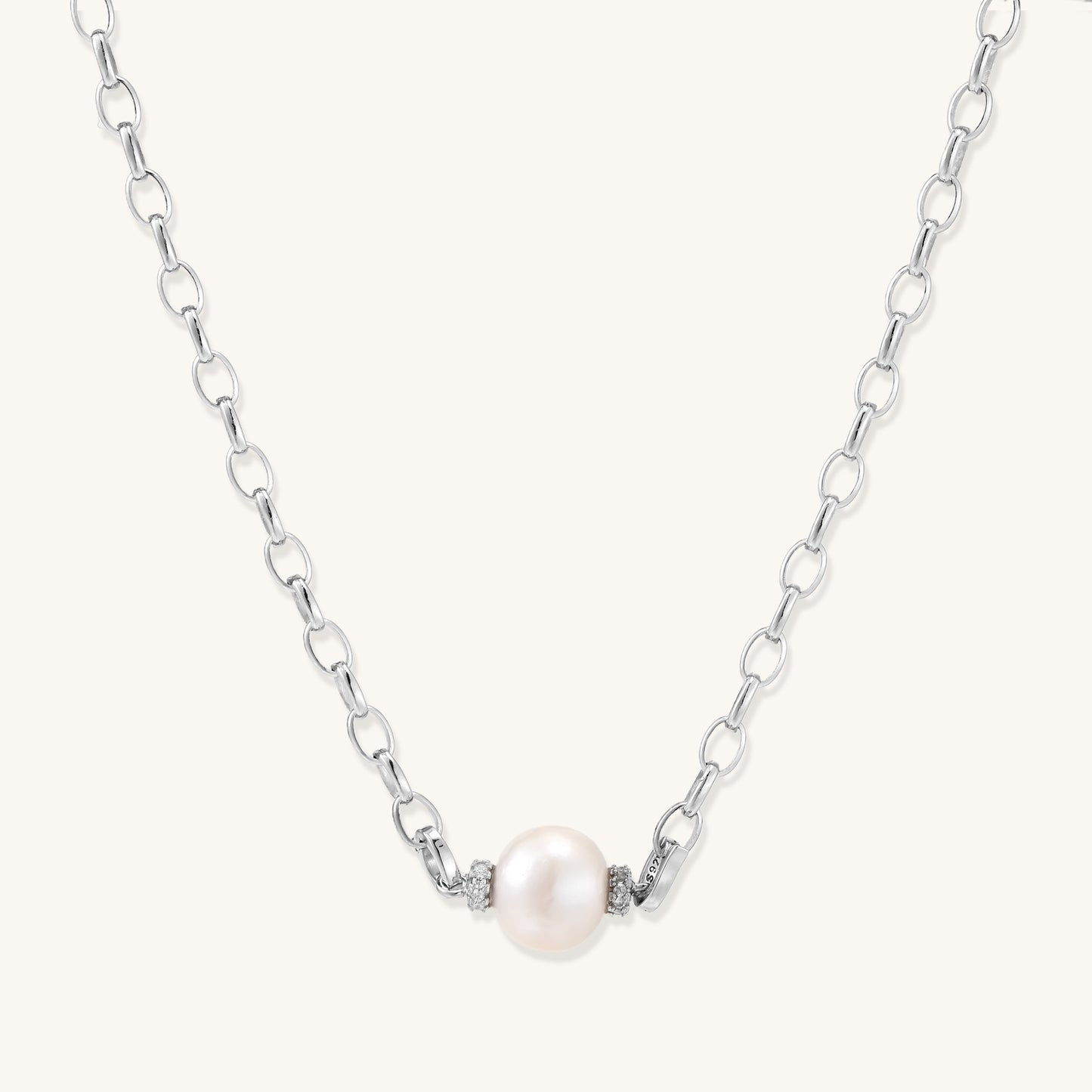 Sterling silver chain necklace with single white freshwater pearl centerpiece on neutral background, 445mm length.
