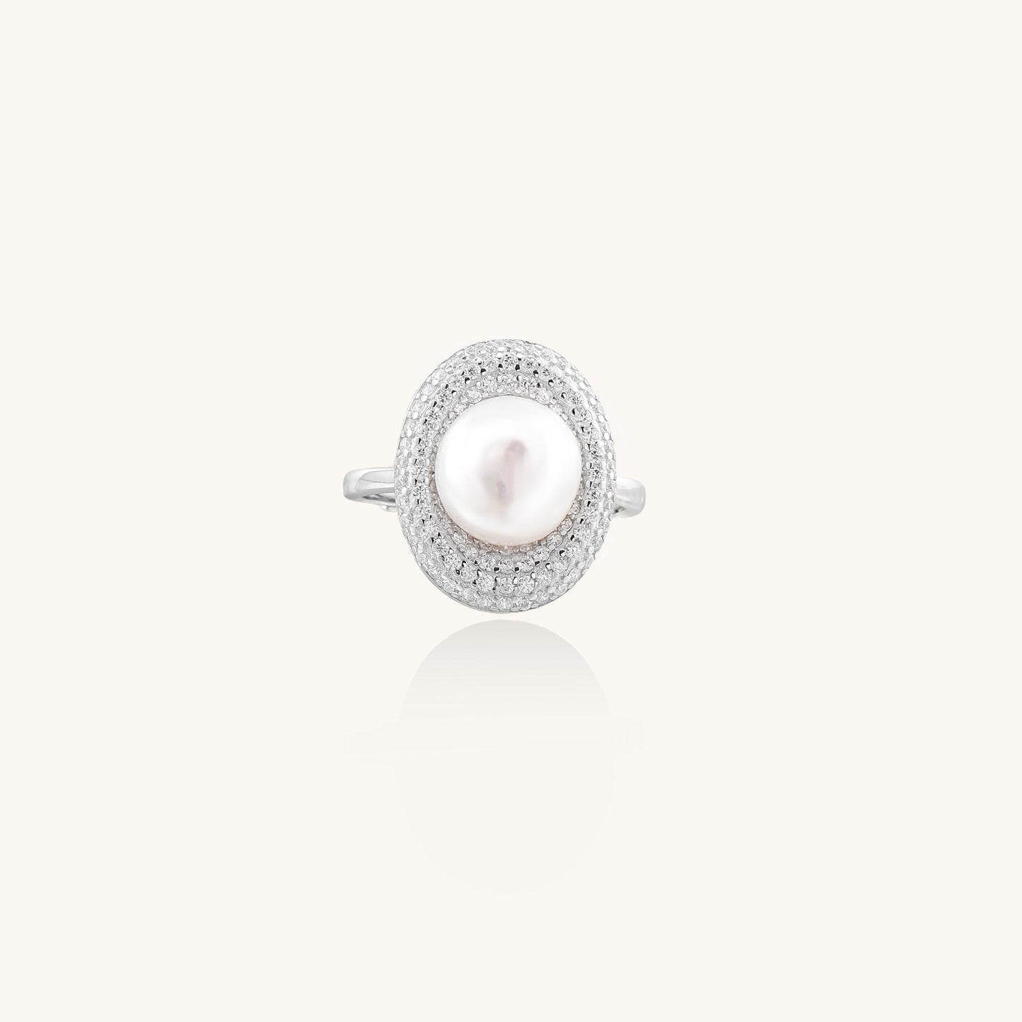 Sterling silver ring with 9mm freshwater pearl center surrounded by double halo of sparkling crystals