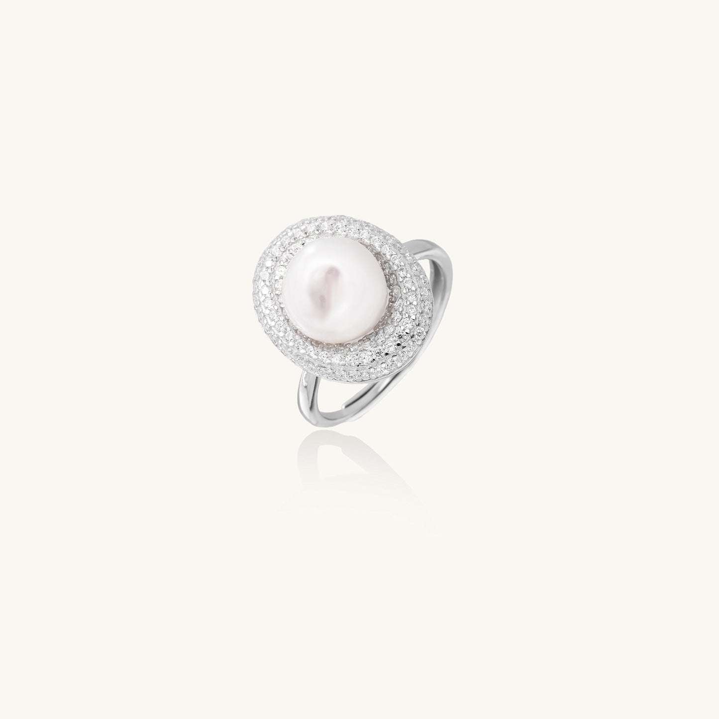 Sterling silver ring with 9mm freshwater pearl center surrounded by double halo of sparkling crystals