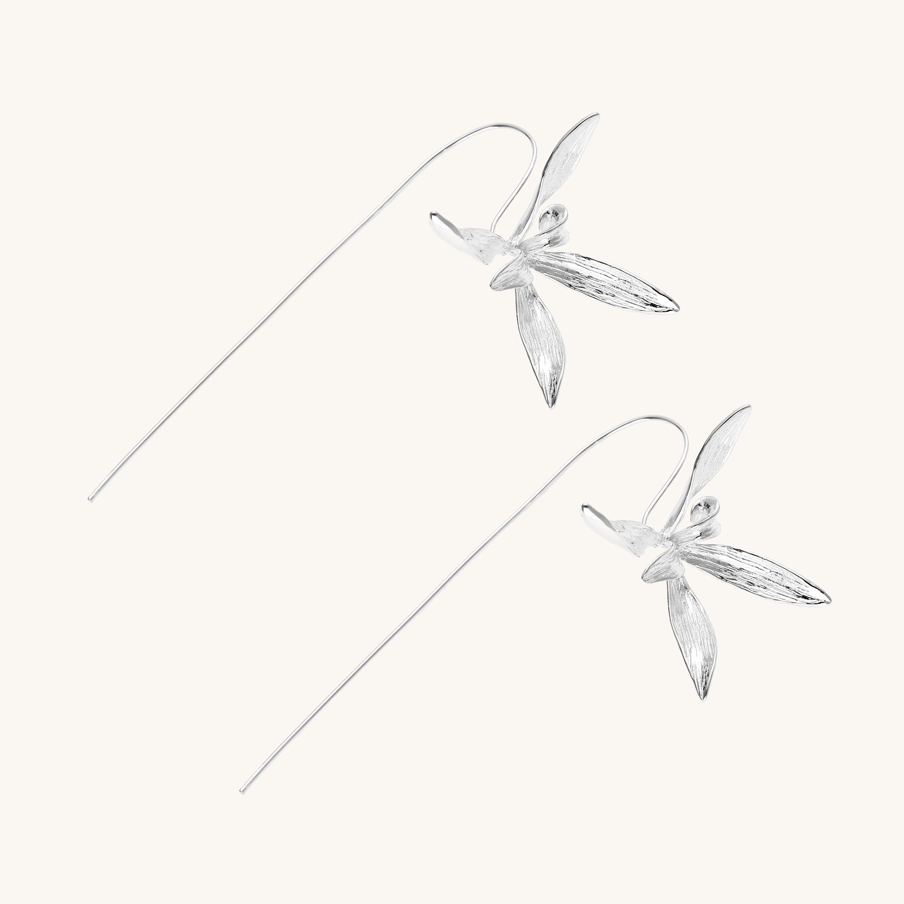 Delicate sterling silver flower earrings with long threader posts and five-petal design on white background.