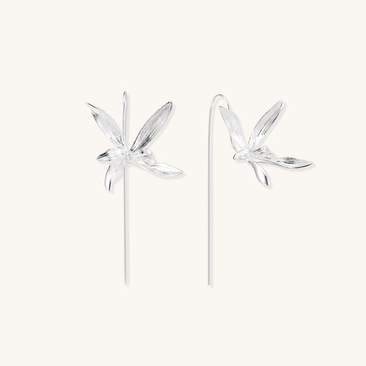 Delicate sterling silver flower earrings with long threader posts and five-petal design on white background.