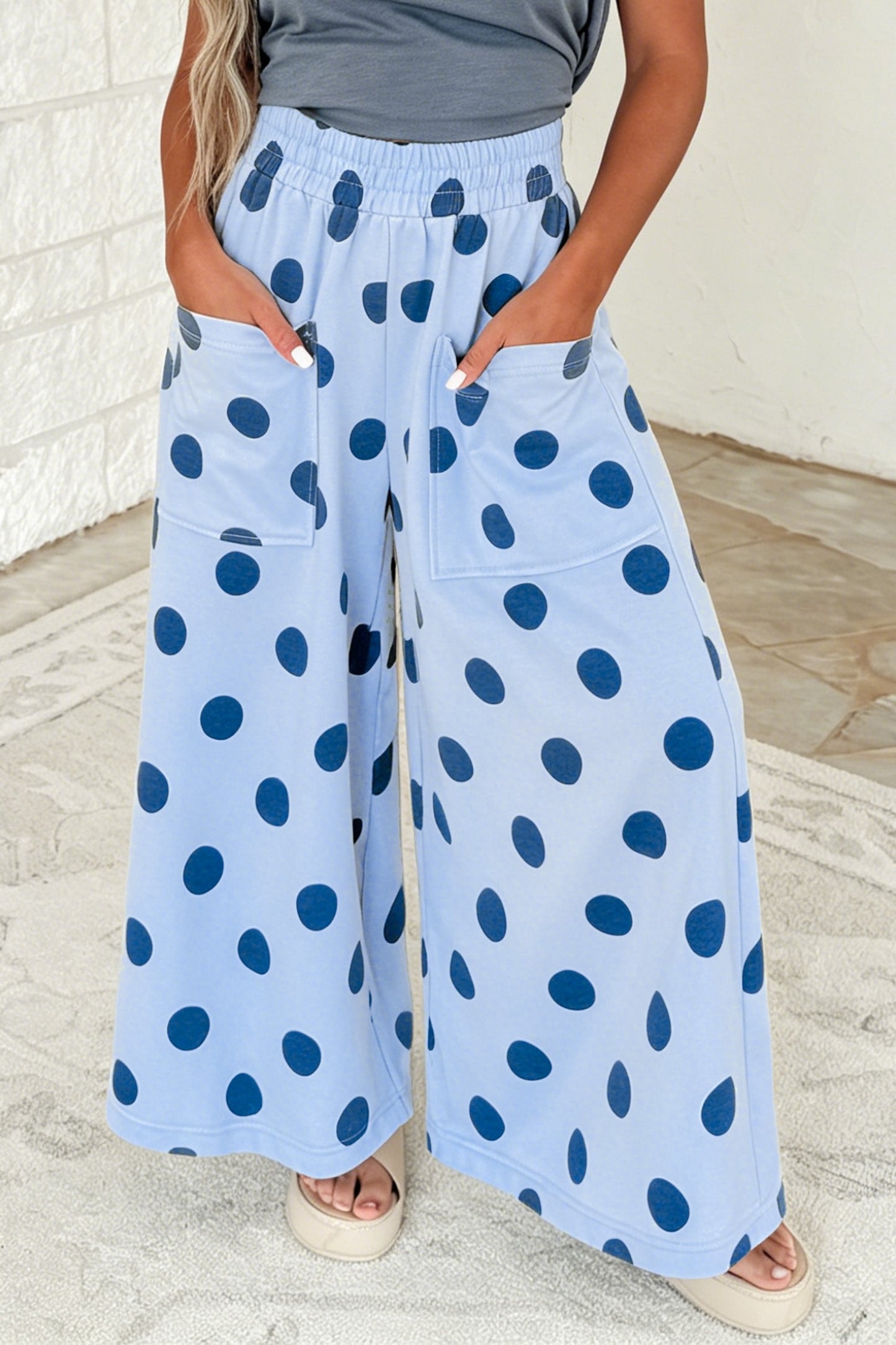 Beige Polka Dot Wide Leg Elastic Waist Casual Pants