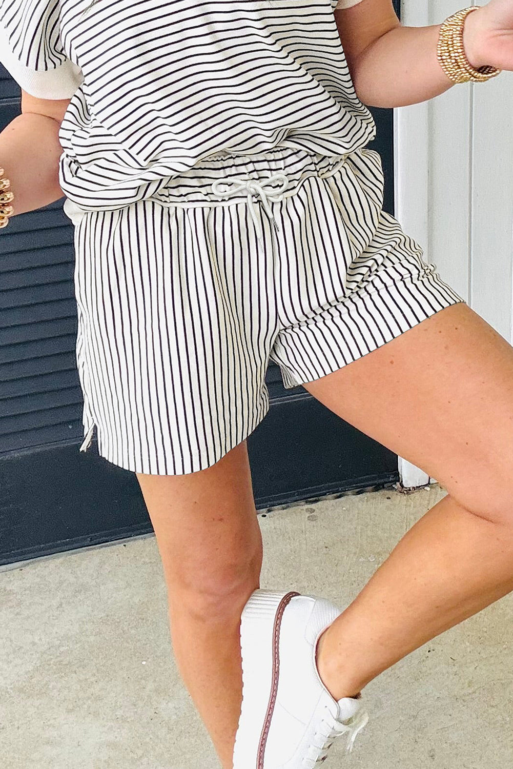 Black Stripe V Neck Tee and Casual Short Set