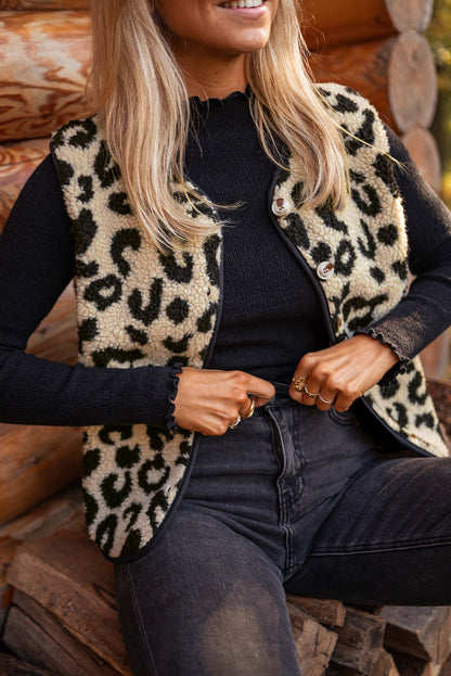 Chestnut Leopard Print Sherpa Vest Coat