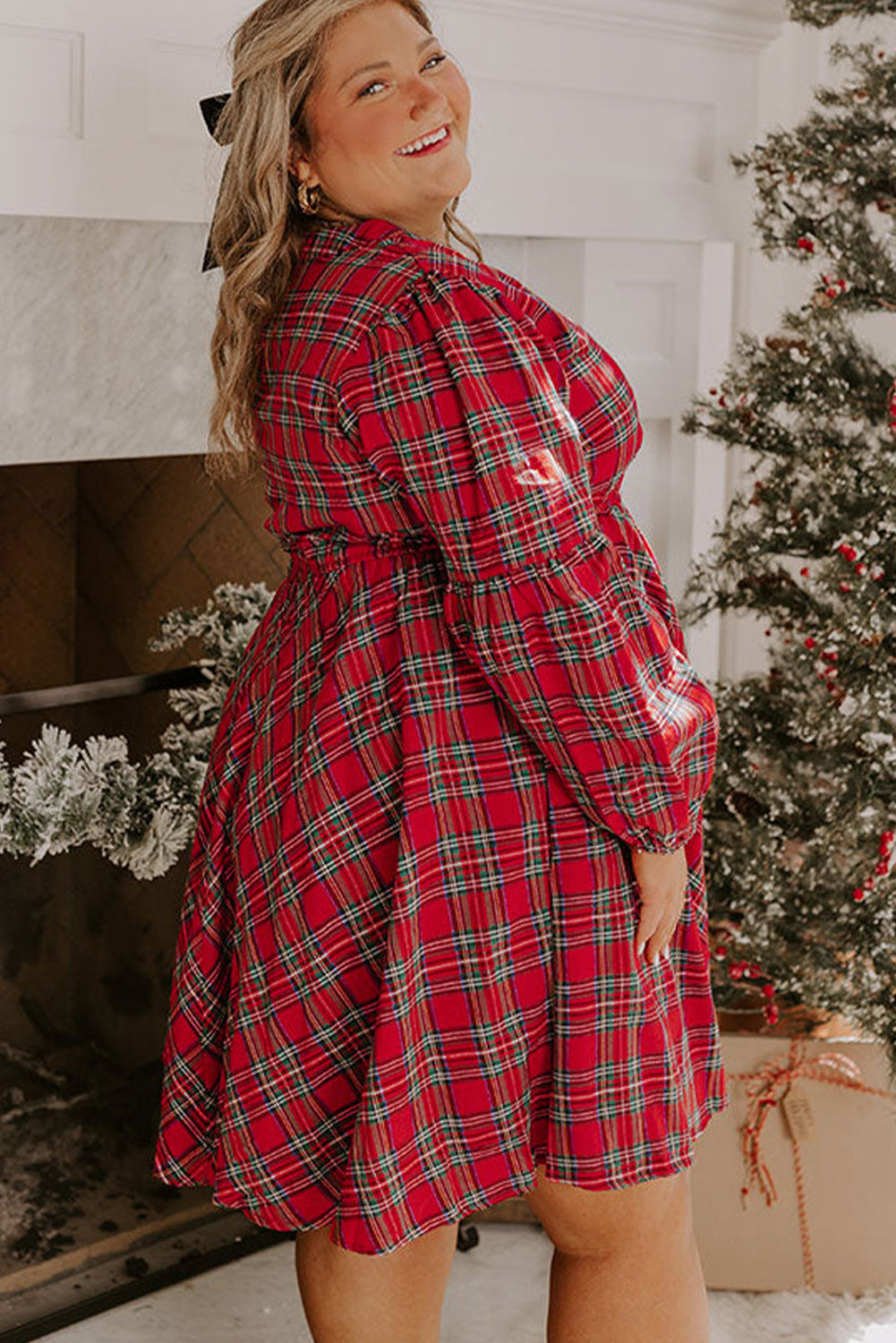 Red Plus Size Plaid Half Button Long Sleeve Holiday Dress