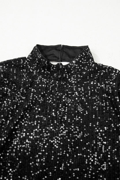 Black Sequin Mock Neck Drape Open Back Bell Sleeve Top