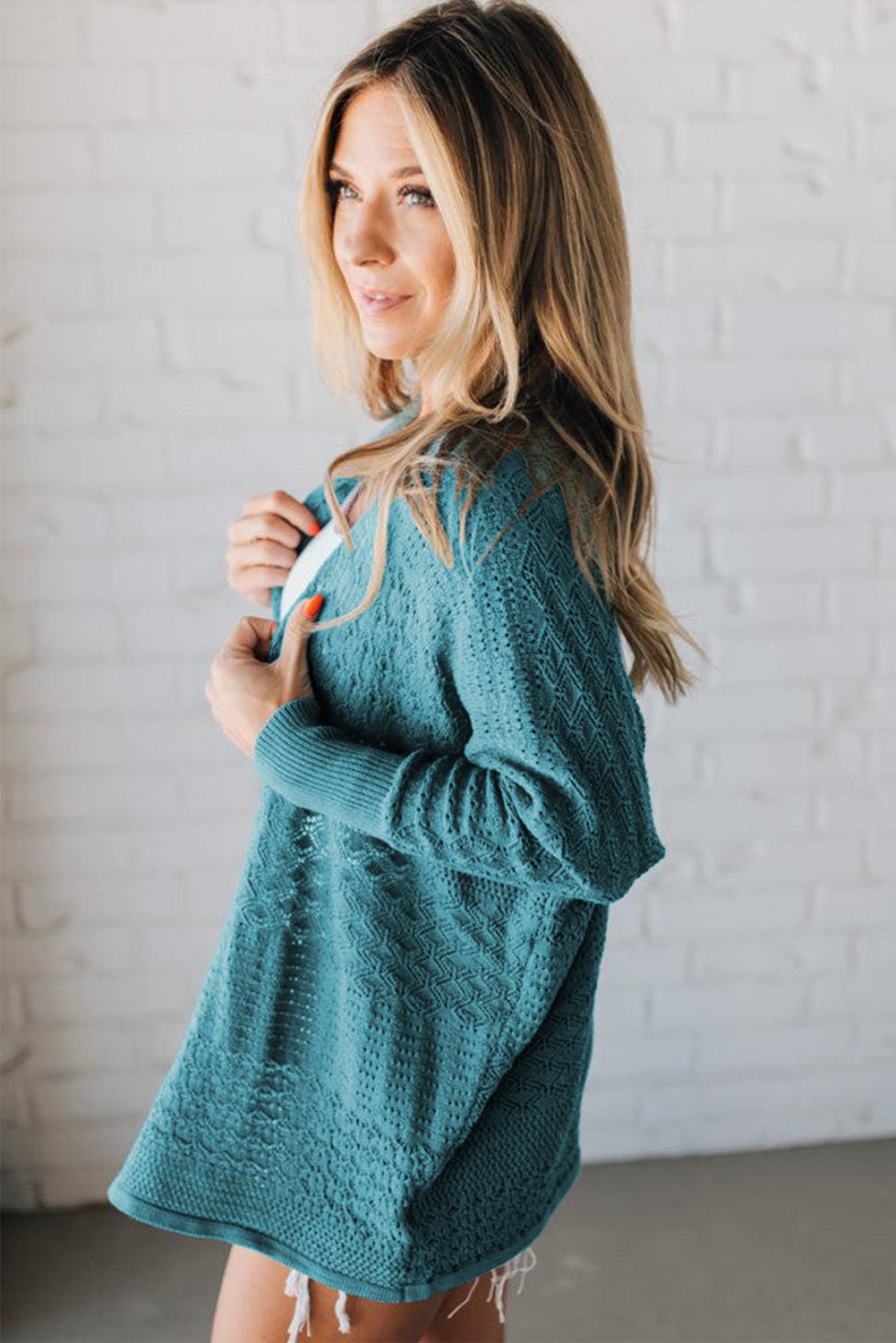 Redwood Burl Mix Pattern Hollowed Knit Open Front Cardigan