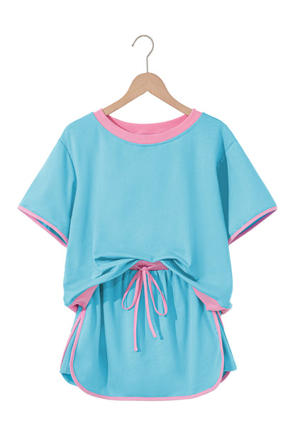Turquoise Colorblock Edge Drop Shoulder T Shirt and Skort 2Pcs Set