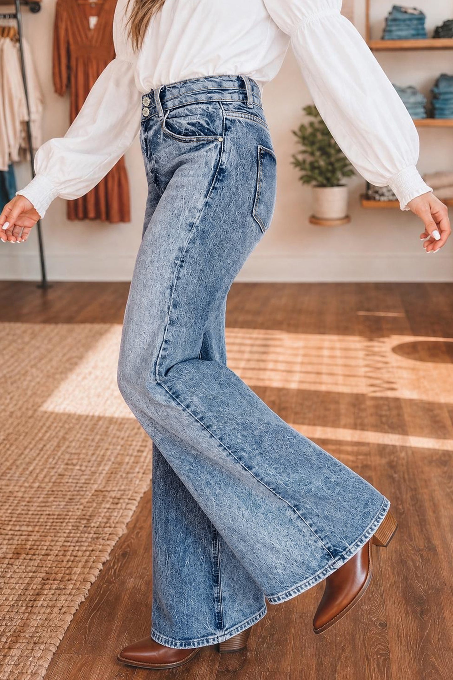 Sail Blue Acid Wash Pocket Detail Flare Jeans