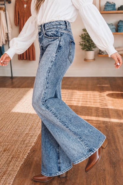 Sail Blue Acid Wash Pocket Detail Flare Jeans